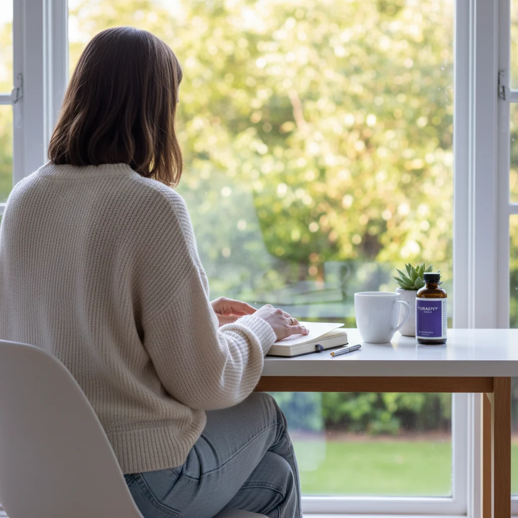 Person bakifrån vid ett ljust skrivbord med utsikt mot grönskande natur